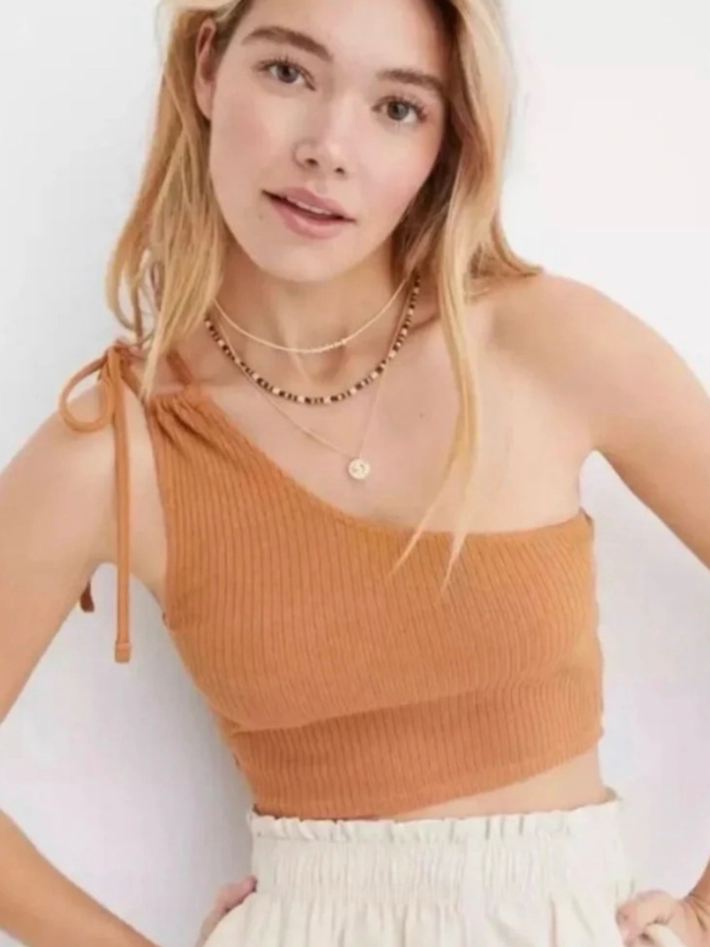 One-Shoulder Ribbed Crop Top in Rusty Orange